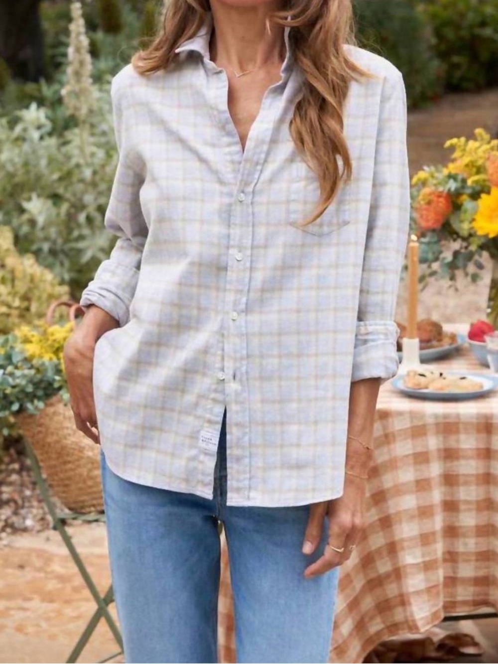NEW Frank & Eileen Eileen Relaxed Button-Up Flannel in Camel Cream Gray Plaid L